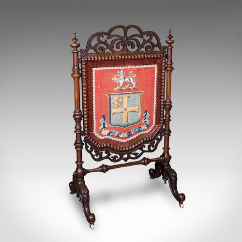 antique armorial embroidered panel screen irish walnut needlepoint victorian - CATEGORY: ANTIQUE MISCELLANEOUS - DATED VICTORIAN