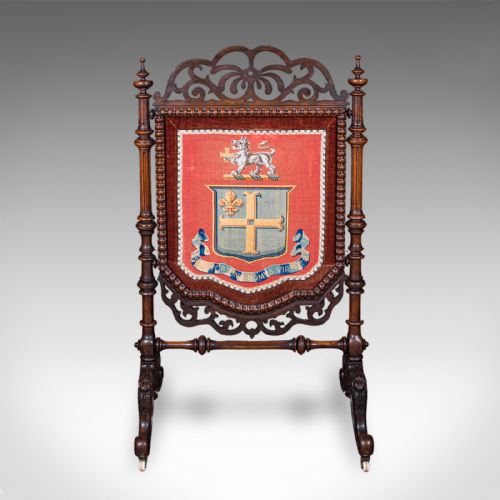 ANTIQUE ARMORIAL EMBROIDERED PANEL SCREEN IRISH WALNUT NEEDLEPOINT VICTORIAN - ADDITIONAL PHOTO 1