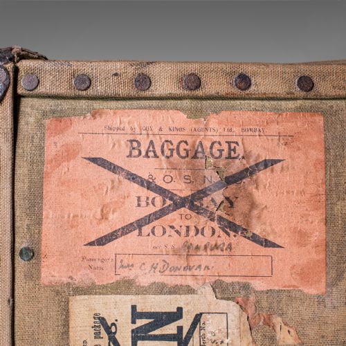 ANTIQUE TRAVEL TRUNK ENGLISH CANVAS CASE MILITARY SPORTING INTEREST EDWARDIAN - ADDITIONAL PHOTO 10