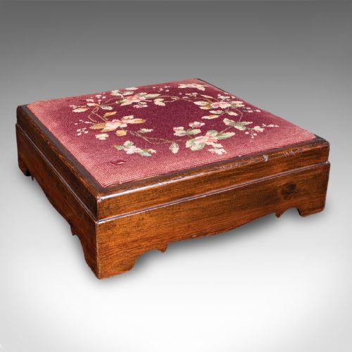 ANTIQUE UPHOLSTERED FOOTSTOOL ENGLISH PITCH PINE FIRESIDE STOOL EDWARDIAN