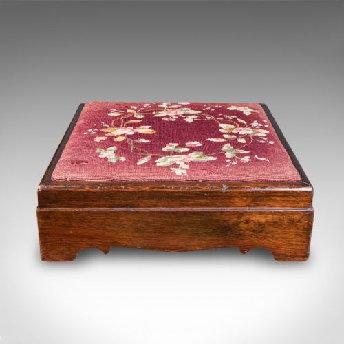 ANTIQUE UPHOLSTERED FOOTSTOOL ENGLISH PITCH PINE FIRESIDE STOOL EDWARDIAN - ADDITIONAL PHOTO 1