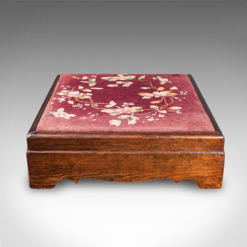 ANTIQUE UPHOLSTERED FOOTSTOOL ENGLISH PITCH PINE FIRESIDE STOOL EDWARDIAN - ADDITIONAL PHOTO 3