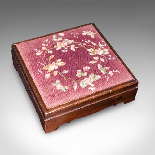 ANTIQUE UPHOLSTERED FOOTSTOOL ENGLISH PITCH PINE FIRESIDE STOOL EDWARDIAN - ADDITIONAL PHOTO 5