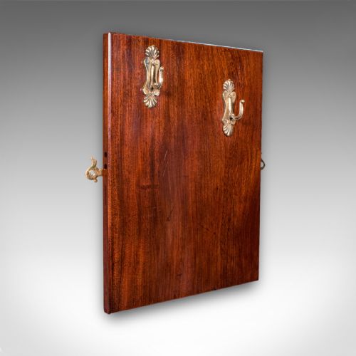 fig 1. A wall-mounted Regency period brass hearth set featuring a shovel and brush hanging from turned brass hooks on a polished mahogany board.
