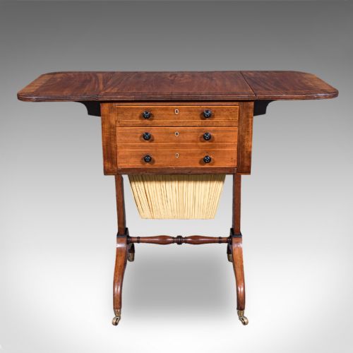 fig 5. A Regency mahogany drop-leaf sewing table with three drawers, a pleated cream fabric work basket, and swept legs on brass castors.