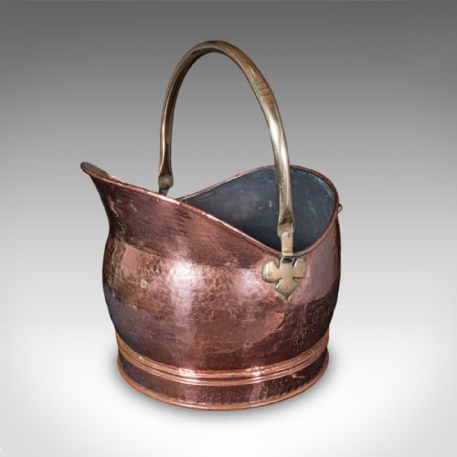 Antique Hand Finished Coal Scuttle, English, Copper, Brass, Fireside, Victorian