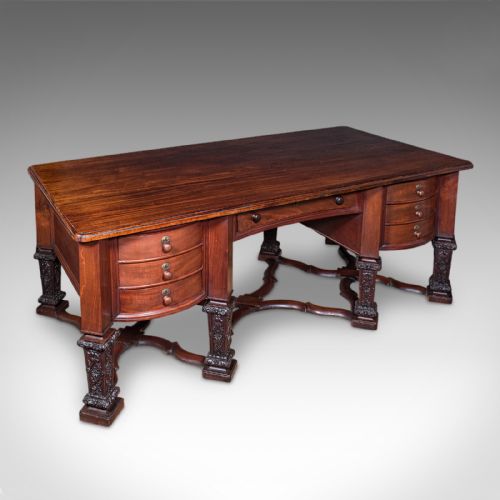 Antique Partner's Desk, English, Bureau Mazarin, Louis Xiv Revival, Victorian