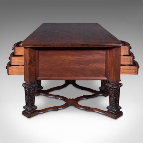 fig 3. A Victorian mahogany partners desk in the Louis XIV Revival style featuring curved pedestals, carved legs, x-frame stretchers, and multiple drawers with turned knobs.