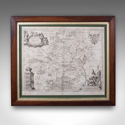 fig 1. A framed seventeenth-century monochrome copperplate engraved map of Hertfordshire by Joan Blaeu, set within a dark oak frame with a green mount.