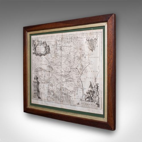 fig 2. A framed seventeenth-century monochrome copperplate engraved map of Hertfordshire by Joan Blaeu, set within a dark oak frame with a green mount.