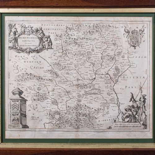 fig 3. A framed seventeenth-century monochrome copperplate engraved map of Hertfordshire by Joan Blaeu, set within a dark oak frame with a green mount.