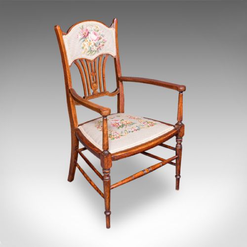 Antique Elbow Chair, English, Beech, Morning Room Seat, Art Nouveau, Victorian