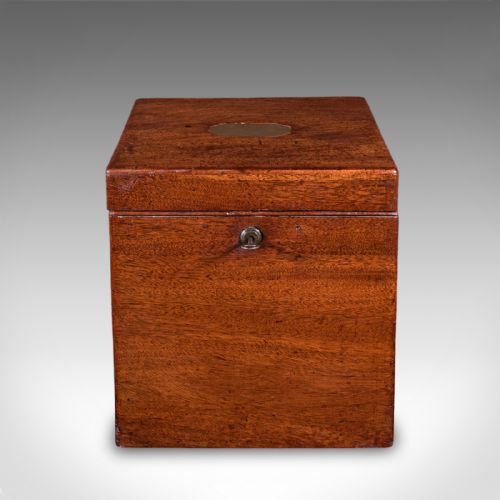 fig 2. A Georgian mahogany four-decanter storage box featuring a brass top plaque, side carrying handles, and a key inserted in the front lock.