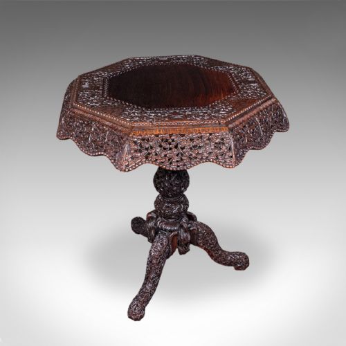 Antique Carved Tea Table, Burmese, Teak, Octagonal, Lamp, Side, Victorian, 1860