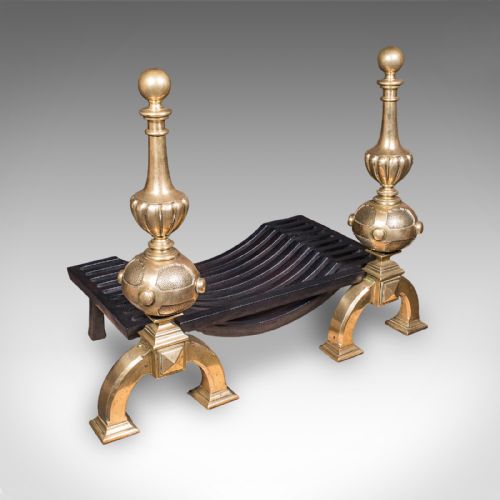 Grand Antique Fireplace Set, English Iron Fire Basket, Brass Andirons, Victorian