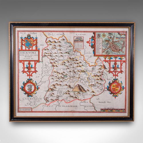 fig 1. A framed seventeenth-century hand-coloured map of Breconshire by John Speed set within a dark ebonised frame with a gilded inner rim.