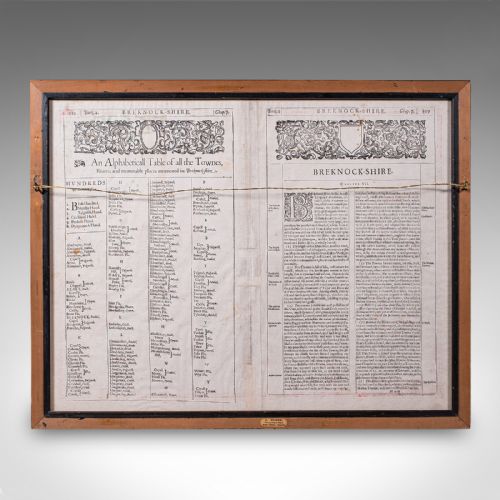 fig 2. A framed seventeenth-century hand-coloured map of Breconshire by John Speed set within a dark ebonised frame with a gilded inner rim.