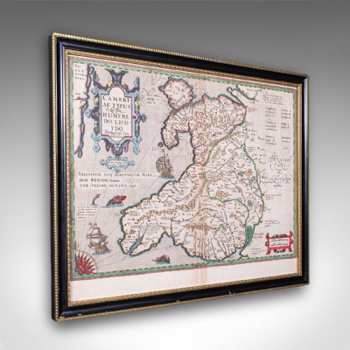 Antique Map of Wales, Belgian, Framed Atlas Excerpt, Elizabethan, Humphrey Llwyd