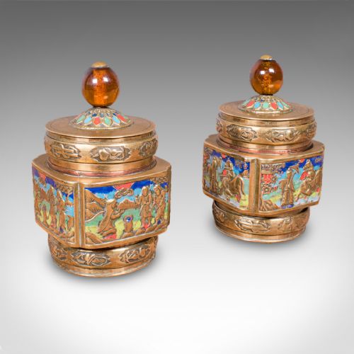Pair of Small Antique Champleve Tea Caddies, Oriental Spice Pot, Edwardian, 1910
