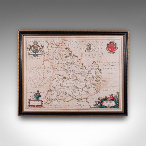 fig 1. A framed 17th-century map of Breconshire featuring hand-coloured coats of arms and a black and gold decorative frame.