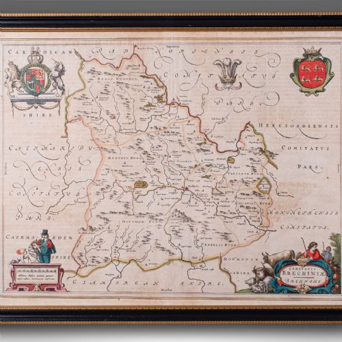 fig 3. A framed 17th-century map of Breconshire featuring hand-coloured coats of arms and a black and gold decorative frame.