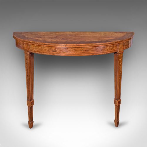 fig 3. A pair of Georgian Neoclassical demi-lune side tables crafted from golden wood with inlaid bandings and tapered square legs.