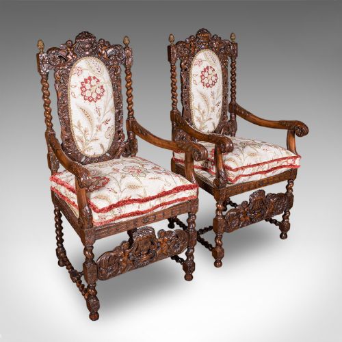 Pair of Antique Charles II Revival Arm Chairs, English, Elbow Seat, Edwardian