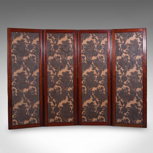 fig 1. A four-panel mahogany folding room divider featuring patterned chinoiserie canvas panels set within dark wood frames.