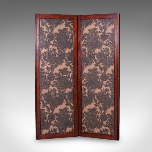 fig 3. A four-panel mahogany folding room divider featuring patterned chinoiserie canvas panels set within dark wood frames.