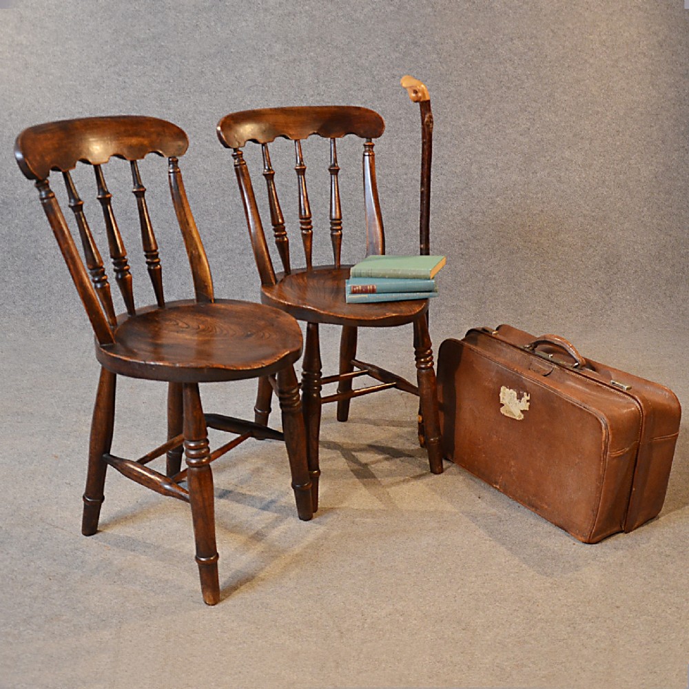 Antique Pair Quality Victorian Elm Kitchen Dining Windsor Worksop Chairs c1850