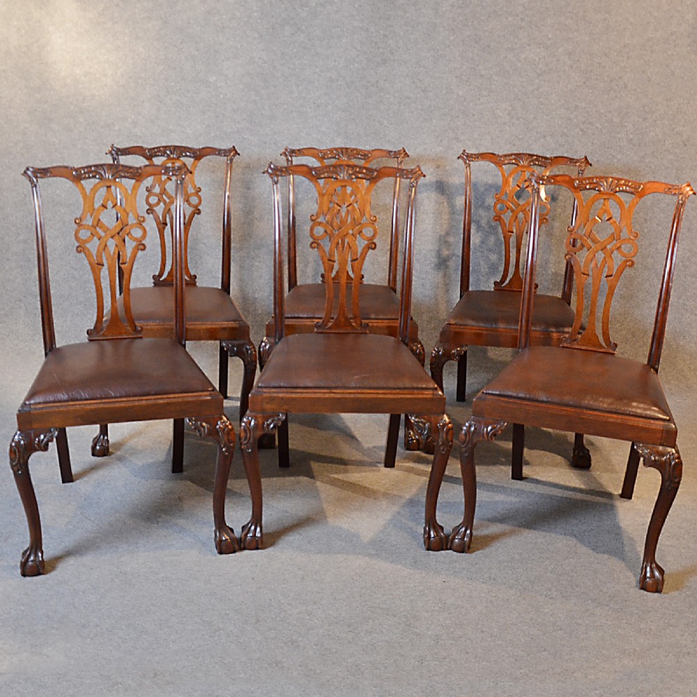 Antique Set 6 Dining Chairs Victorian Chippendale Revival English Leather c1880