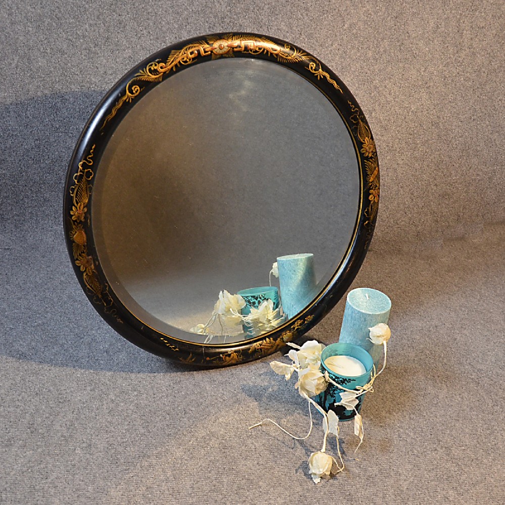 Antique Wall Mirror Round Chinoiserie Bevelled Circular Looking Glass c1890