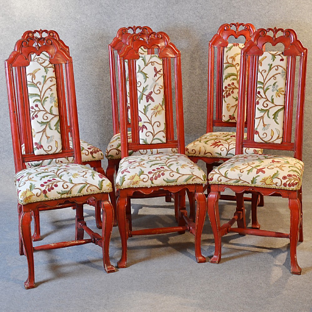 Antique Set Six 6 Continental Painted Kitchen Dining Chairs Needlepoint c1850