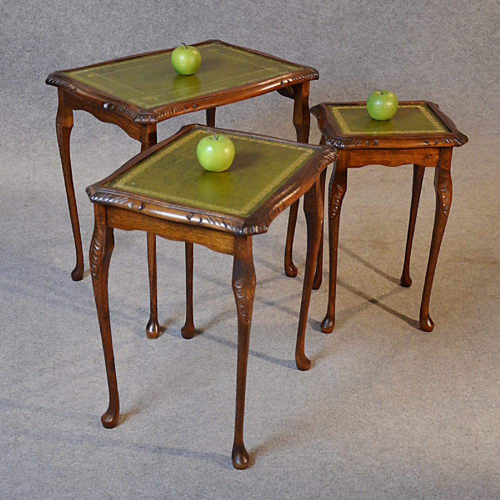 Antique Nest Tables Side Occasional English Edwardian Oak With Leather c1910