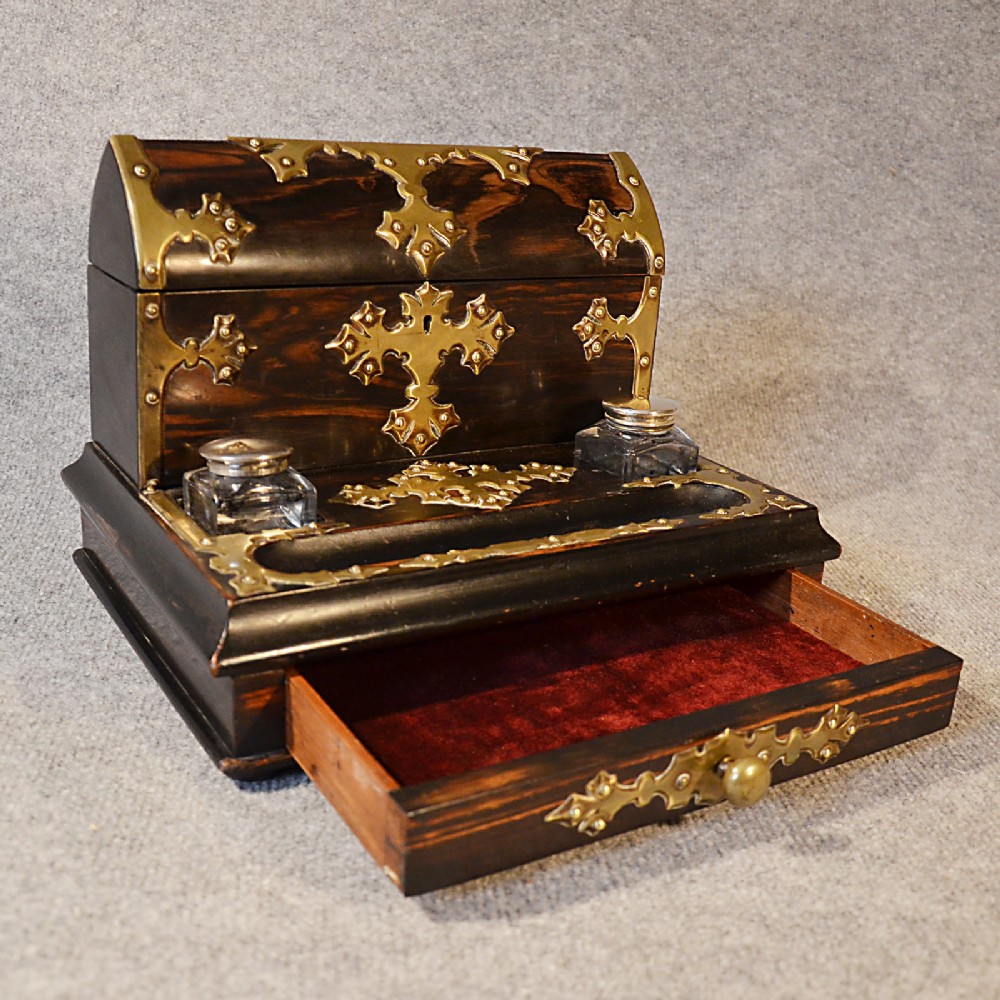 Antique Writing Desk Stand in Coromandel Quality Stationery Box Ink Wells c1860
