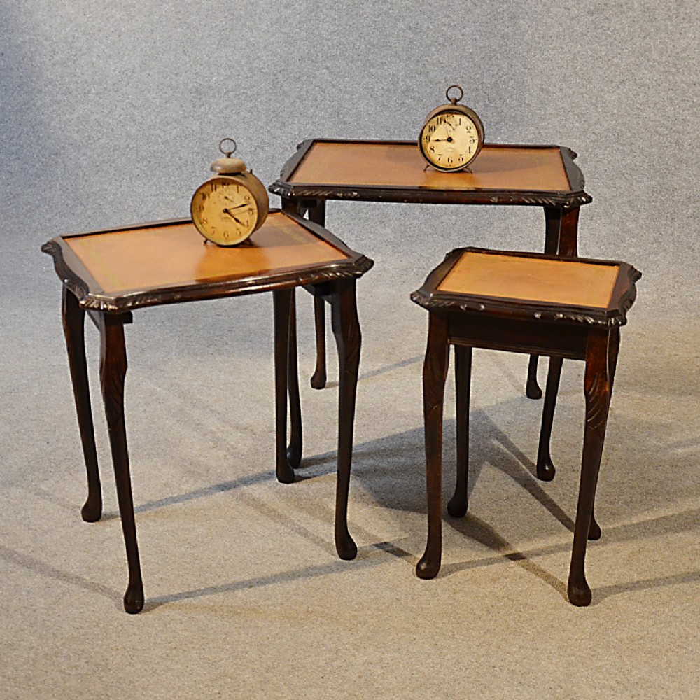 Antique Nest Tables Side Occasional English Edwardian With Leather Upper c1910