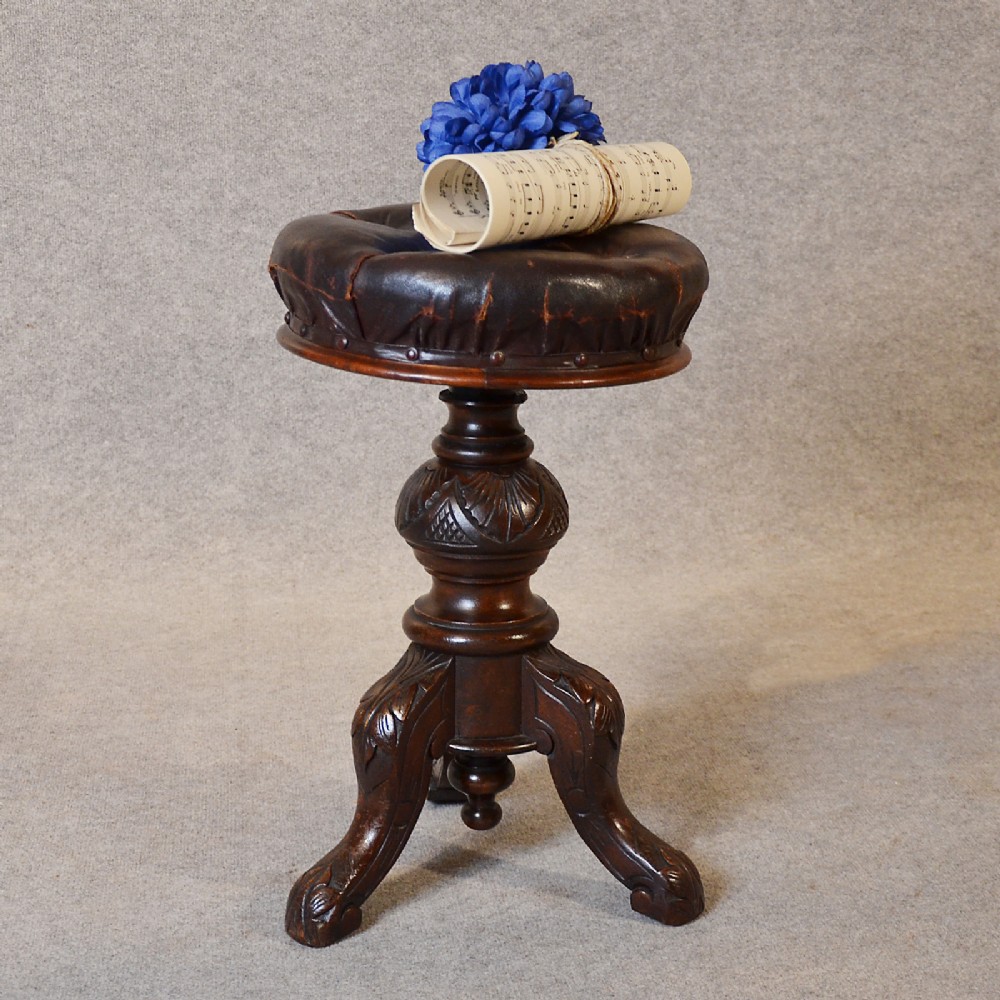 Antique Music Piano Stool Leather Button Adjustable Seat English Victorian c1880