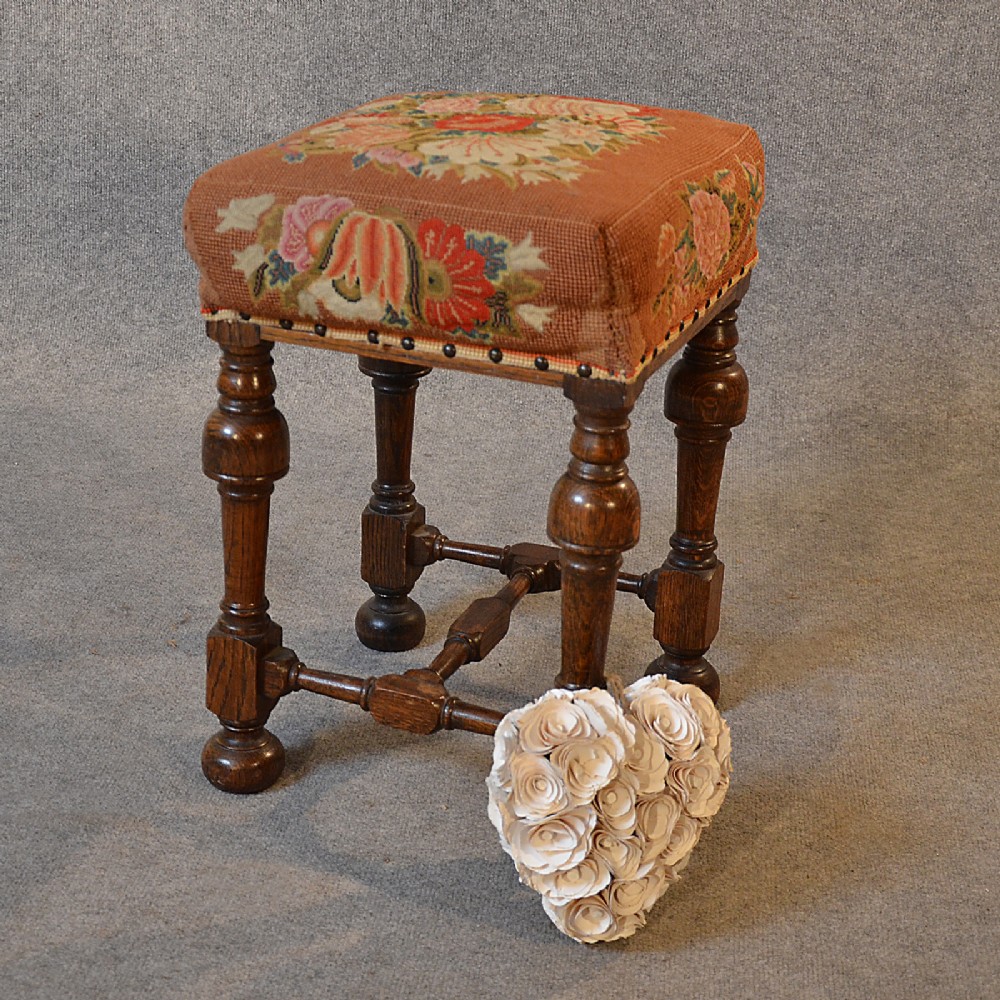 Antique Dressing Music Stool Footstool Needlepoint Tapestry English Oak c1880