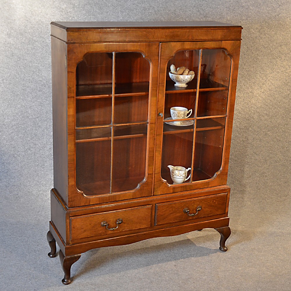Antique Display Cabinet China Cupboard Bookcase English Edwardian Walnut c1910