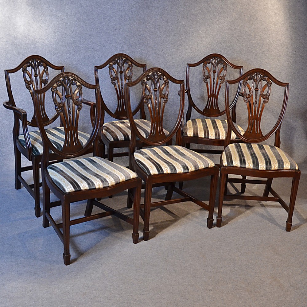 Antique Set 6 Dining Chairs Mahogany Hepplewhite Edwardian With Carvers c1910