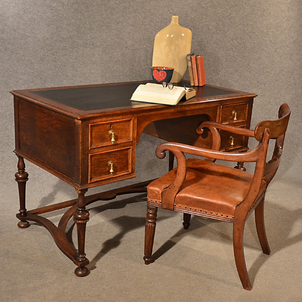 Antique Desk Study Oak Leather Top Library Table Quality Victorian English c1900