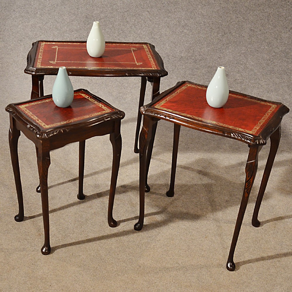 Antique Nest Tables Side Occasional English Edwardian Oak With Leather c1910
