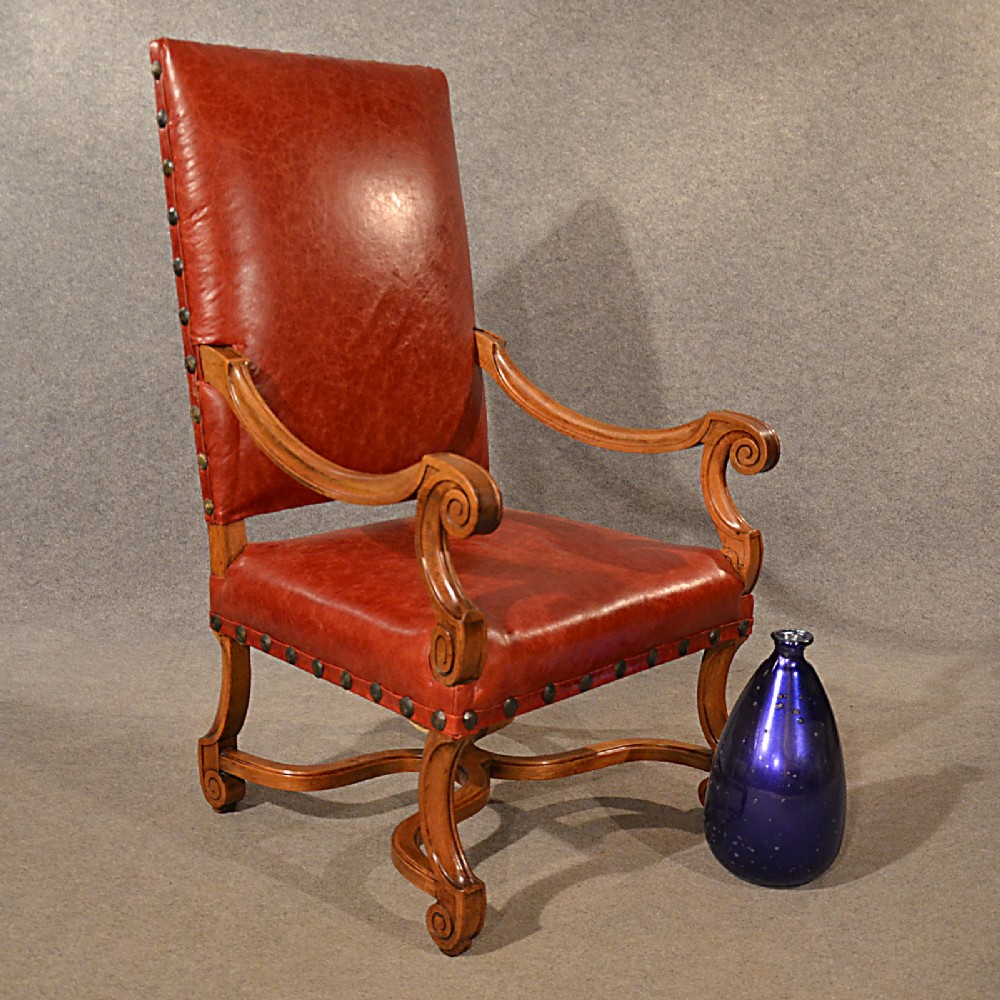 Antique Leather Throne Chair Large Walnut Frame Chair French 19th Century c1880