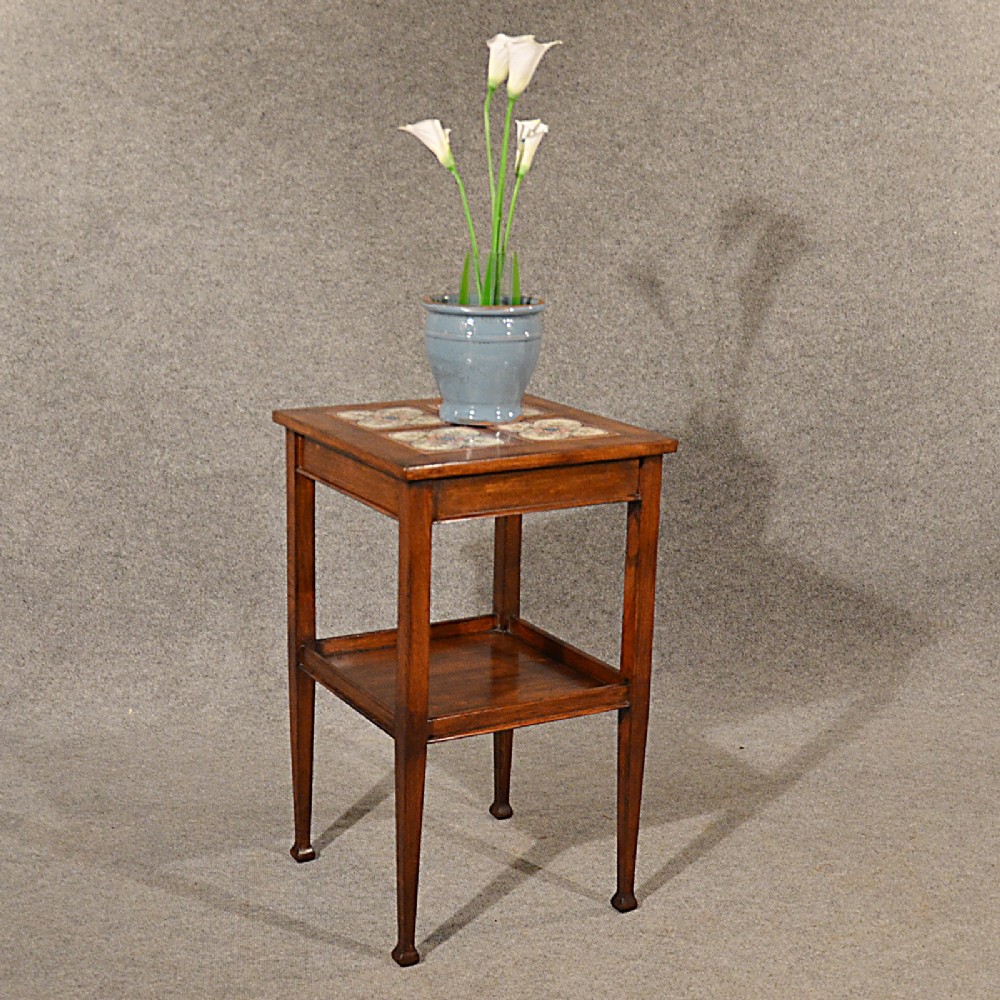 Antique Oak Table Side Stand Two Tier Tile Top Arts & Crafts English c1900