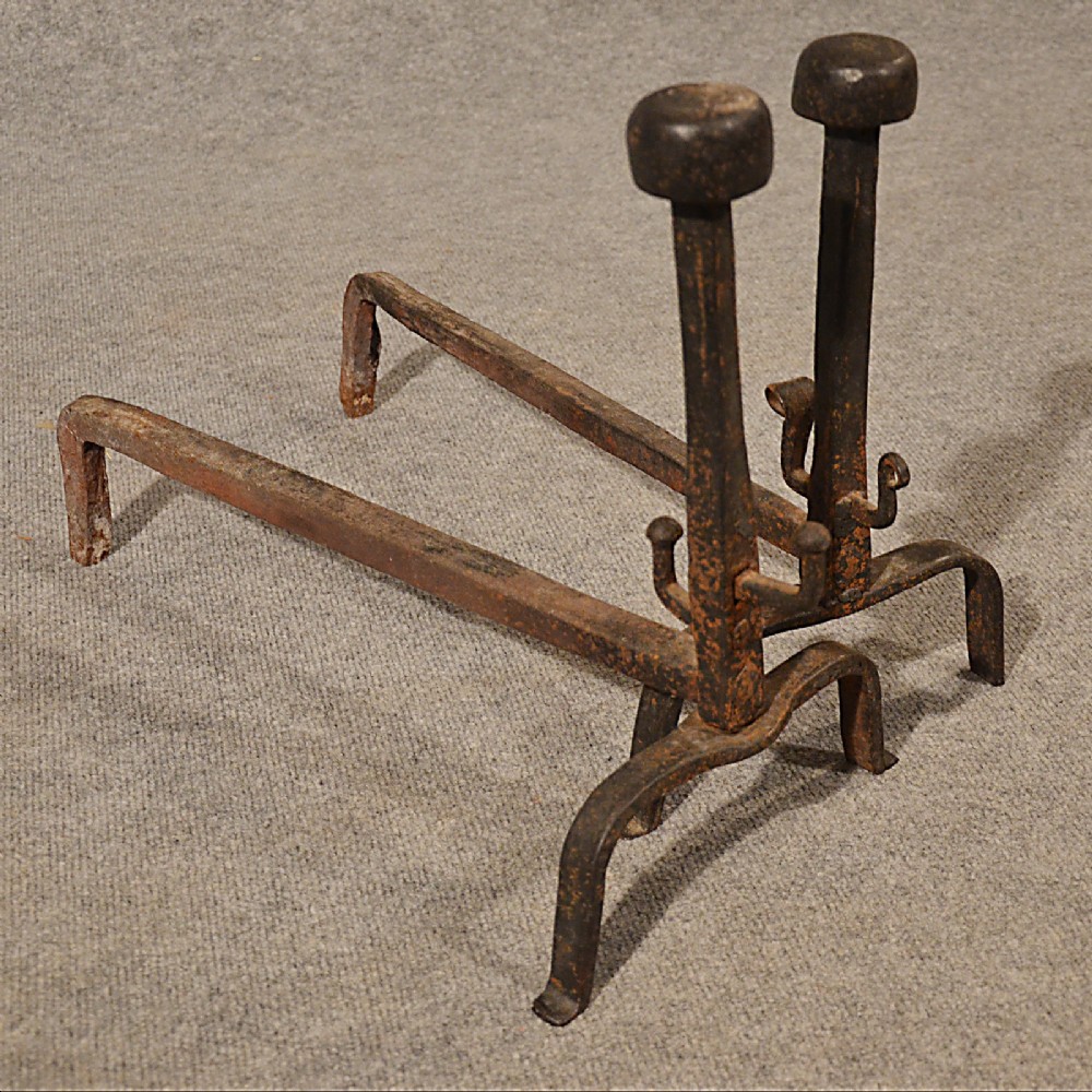 Antique Pair Fire Basket Dogs Andirons Hand-forged Iron Grate Rests c1850