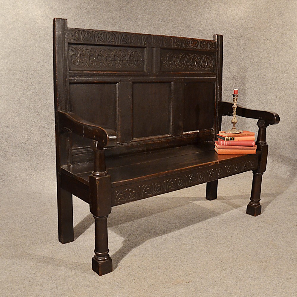 Antique Oak Bench Settle Carved Hall Seat Quality English Early Victorian c1850
