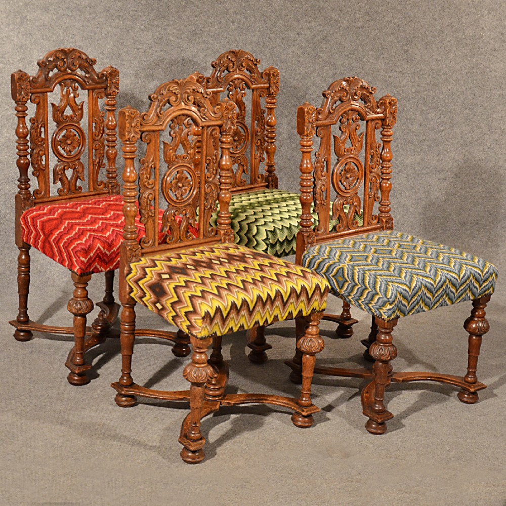 Antique Dining Chairs Oak Carved Tapestry Needlepoint Victorian English c1860