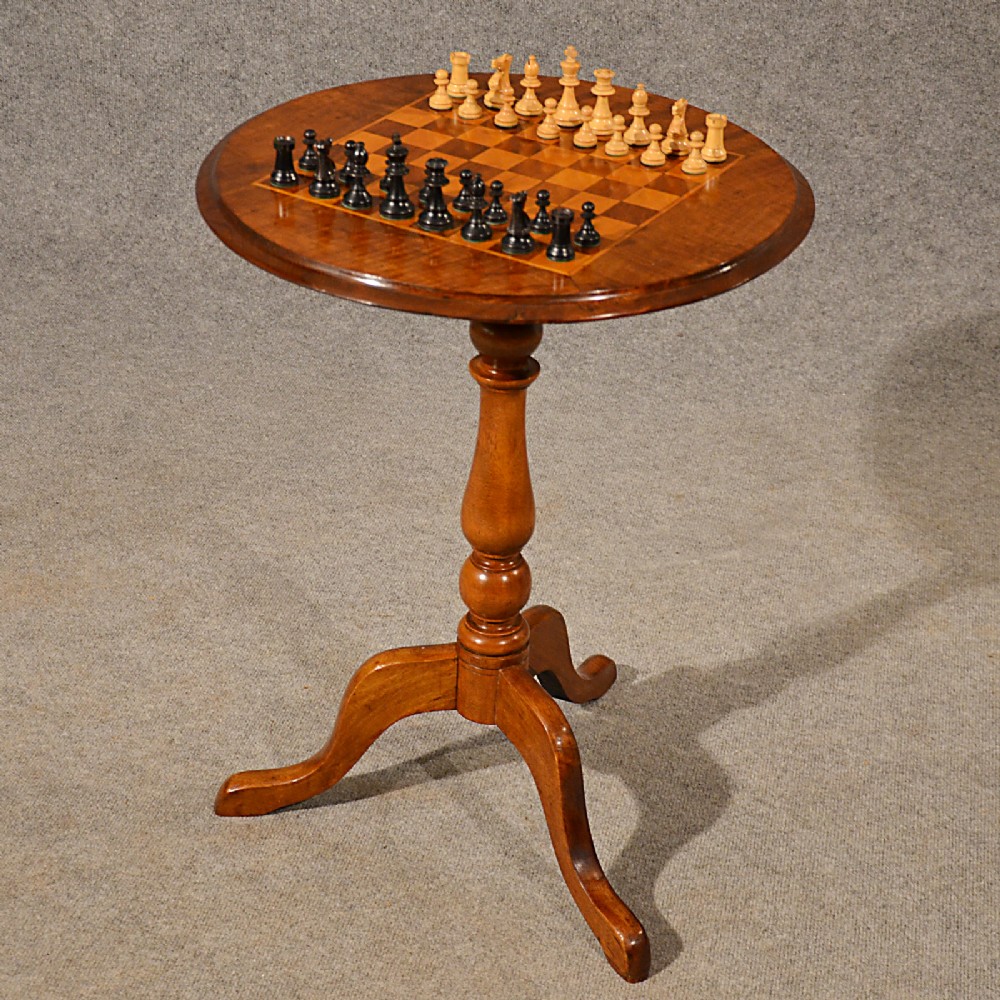 Antique Chess Table Games Tripod Lamp Wine Side Walnut English Victorian c1900