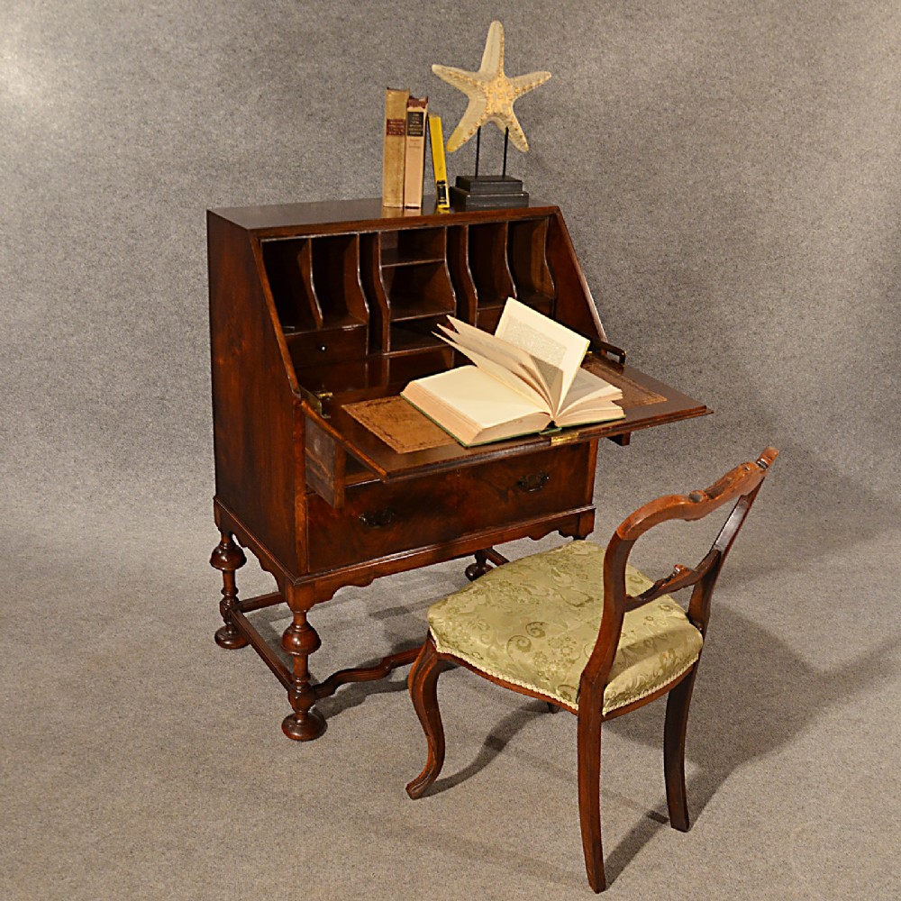 Antique Burr Walnut Bureau Edwardian Quality Leather Writing Desk English c1910