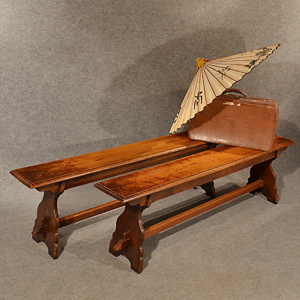 Antique Pair Oak Benches Settle Pew Seats Quality English Late Victorian c1890